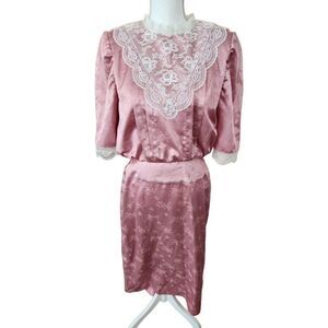 Vintage 80s Pink Satin Long Sleeve Midi Lace Bib Dress S Cottage Victorian